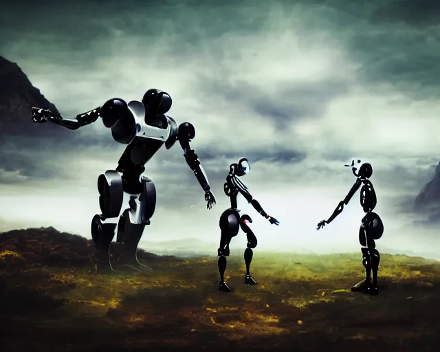 Image similar to two humanoid futuristic robot fighting each other, landscape, Cyberpunk, Steampunk, cloudy, mountains on background, peaceful day