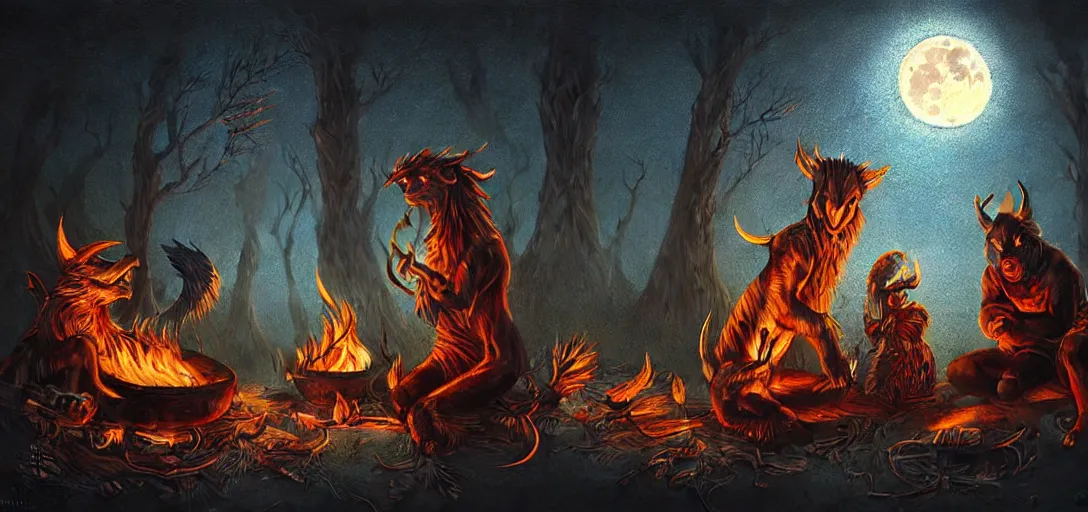 Image similar to strange mythical beasts of sitting around a fire under a full moon, surreal dark uncanny painting by ronny khalil