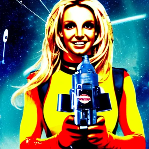 Image similar to of a poster photo of britney spears as a hero sci fi space cosmonaut holding a vintage raygun in a nice action pose, there is an explosion on the background shaking britney's hair, she is smiling, opps i did it again, f 2. 8, advertising lighting, new blockbuster,