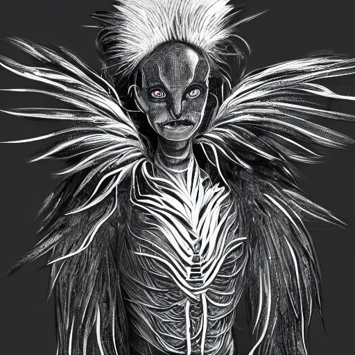 Image similar to detailed illustration of attractive humanoid alien species with beautiful human face, human torso, dark fae, black feathers instead of hair, feathers growing out of skin, wings growing out of arms, transformation, tim burton, guillermo del toro