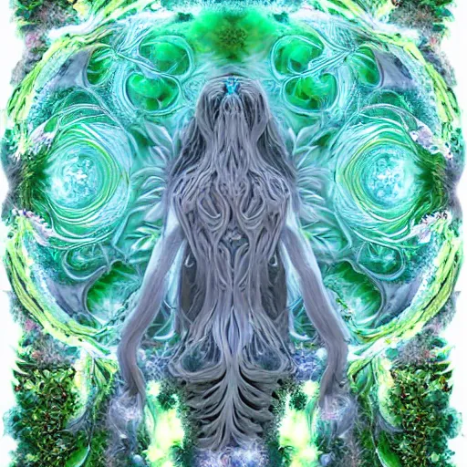 Image similar to an idealistic marble statue with fractal flowery hair in a fractal garden, glowing delicate flower and mushrooms that grow in a dark fatansy forest on the planet Pandora,, symmetrical,