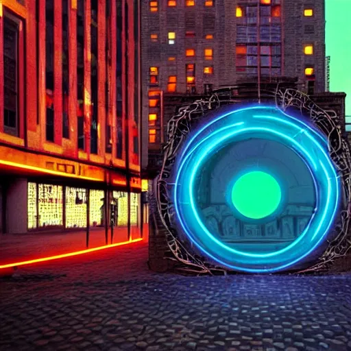 Prompt: neon portal in middle of busy city, 1 9 9 0 s, sci - fi