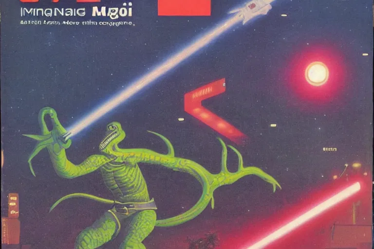 Prompt: 1979 OMNI Magazine Cover of an argonian mage in neo-tokyo style by Vincent Di Fate