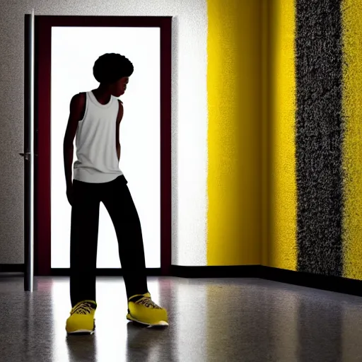 Image similar to black teenage boy with a long nose wearing a white tank top, walking in a nostalgic room with yellow walls and brown carpet