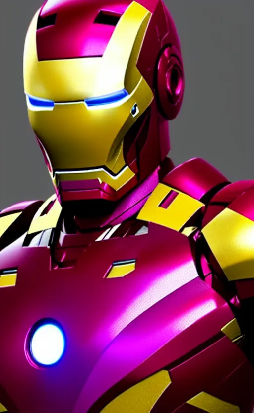 Image similar to iron man's suit but the colour scheme is purple and gold, octane render, photorealistic, realistic shading, cinematic, detailed textures