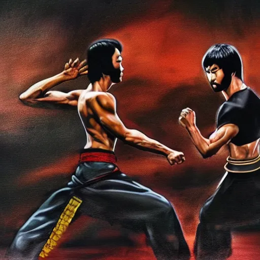 Prompt: A samurai fighting Bruce Lee, HD, high resolution, hyper realistic, 4k, intricate detail