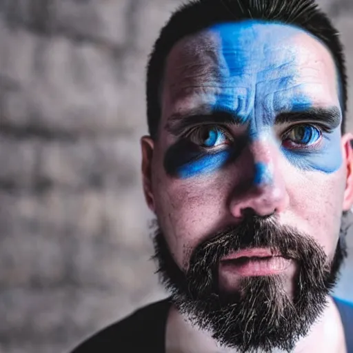 Image similar to fish eye lens close up photograph of a man with blue skin and a goatee side eyeing the camera with a sympathetic look