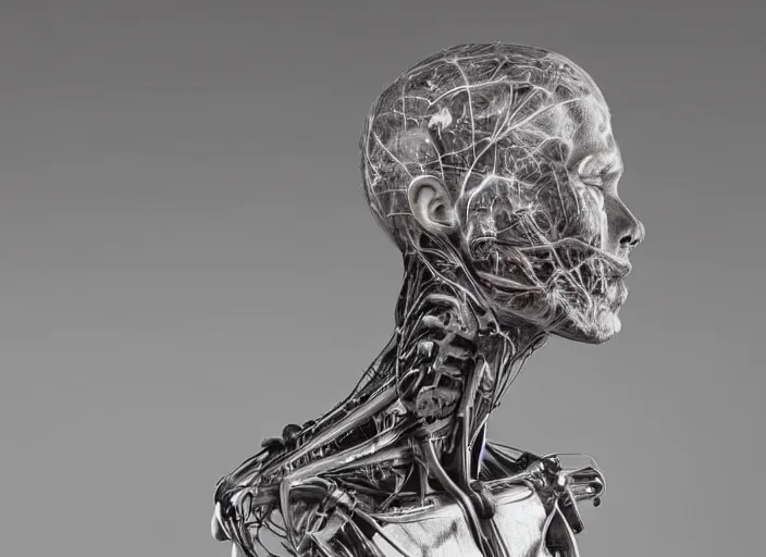 Image similar to a sculpture anatomical cyborg, bust , detailed face, studio lighting