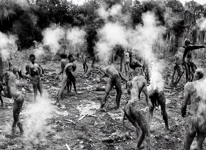 Image similar to 3 5 mm still from film by roger ballen, surreal dance scene of ritual in a picturesque outdoors setting, ashes, new guinea mud man, smoke, close - up of the actors faces, sharp, medium format 6 x 6, 1 6 k