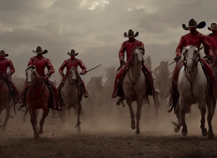 Prompt: cinematic shot of cowboy outriders on horseback wearing silver suits of armor and cowboy hats fighting in battle against enemies that are wearing red armor by Greg Rutkowski, 4k, masterpiece