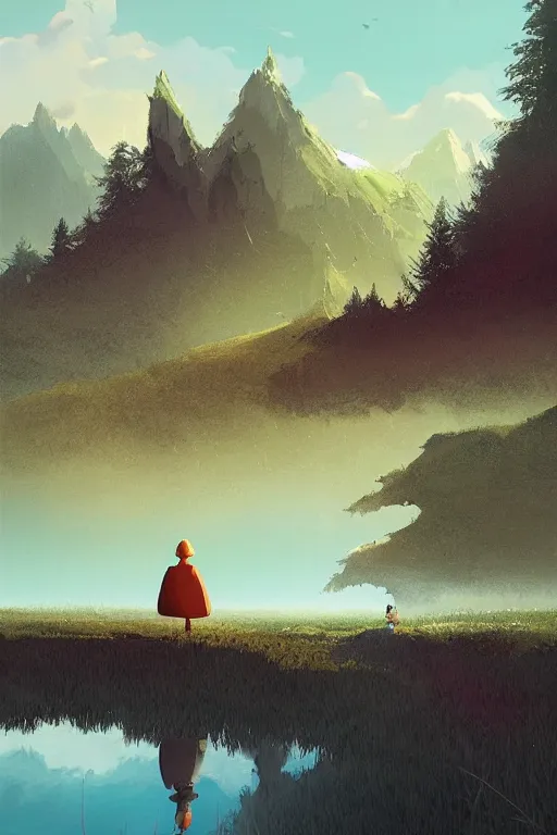 Image similar to beautiful matte painting by goro fujita concept empty world art fantasy path mountains and meadow in the background near a lake reflecting the trees, atmospheric lighting, painted, intricate, volumetric lighting, beautiful, rich deep colors masterpiece, sharp focus, ultra detailed by