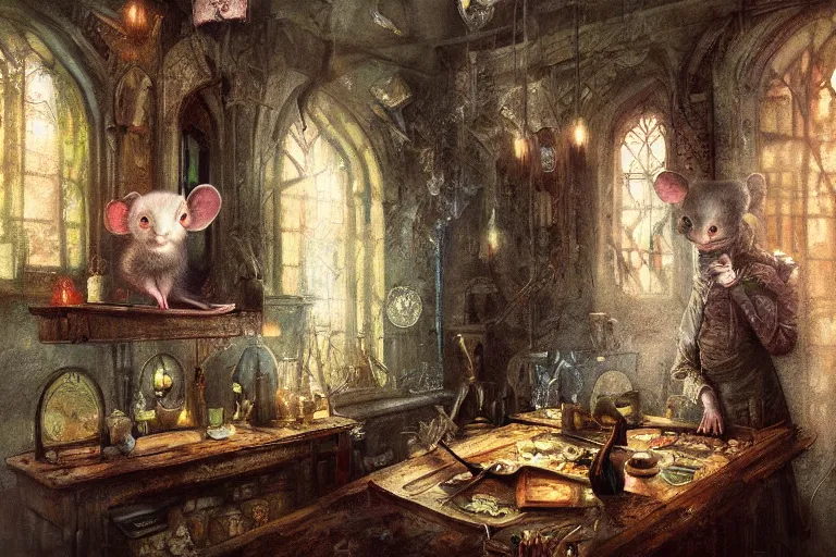 Image similar to A mouse in a Gothic atelier, oil painting, detailed, colorful, 4k, dimly lit, in the style of Yanjung Chen and Tom Bagshaw