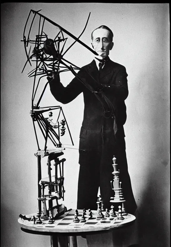 Image similar to marcel duchamp holding up a chess - piece wire - machine, a surrealist painting by marcel duchamp, complex artificial - intelligence machinery, flickr contest winner, studio portrait, 1 9 2 0 s