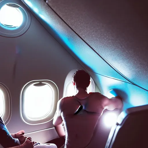 Image similar to a man is sitting in an airplane, watching his friends enjoy bouldering in a gym