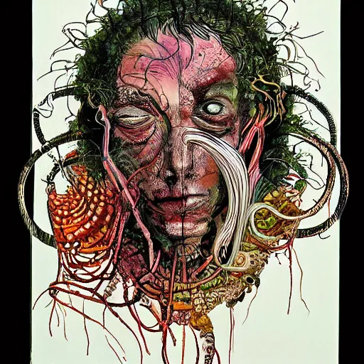 Image similar to graphic illustration, creative design, medusa, biopunk, by ralph steadman, francis bacon, hunter s thompson, highly detailed, mixed media