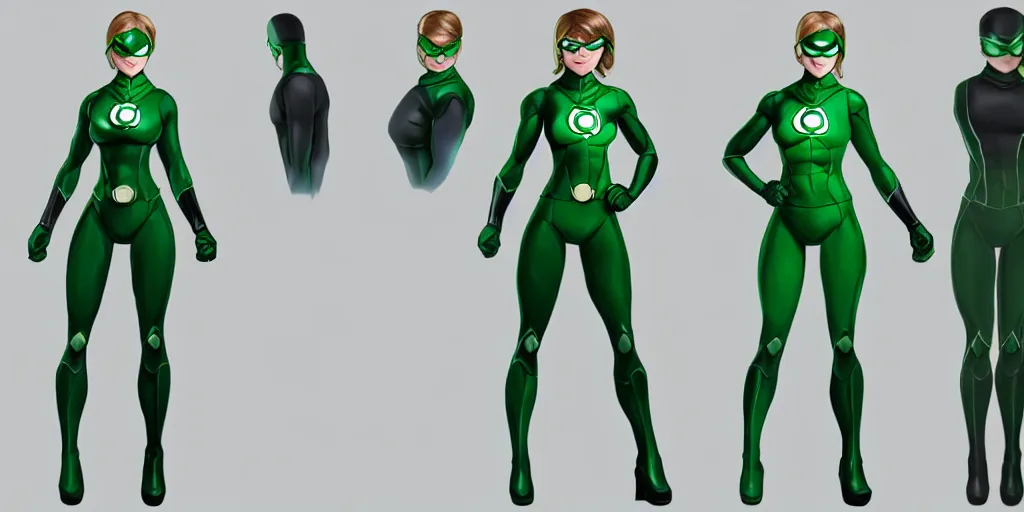 Image similar to full body exaggerated outfit, female green lantern character clean concepts by senior concept artist in the anime film, suit, powers, glowing, stronge, smooth, high detail, featured on artstation