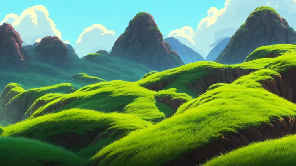 Image similar to hills and mountains landscape, studio ghibli, pixar and disney animation, sharp, rendered in unreal engine 5, highly detailed, digital painting, artstation, concept art, smooth, sharp focus, illustration, wide angle, artbook, wallpaper, splash art, promo art, dramatic lighting, art by artgerm and greg rutkowski and bo chen and jin xiaodi