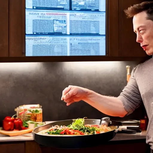 Prompt: picture of elon musk watching tv while cooking a meal, good lighted photo, sharp details, detailed, hd, hdr