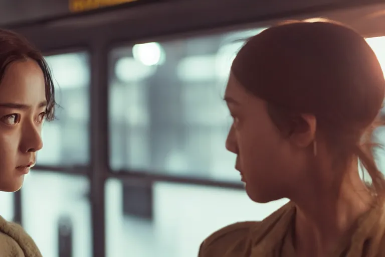 Image similar to vfx movie closeup couple in a train station flat color profile low - key lighting award winning photography arri alexa cinematography, beautiful natural skin, symmetrical face, atmospheric cool color - grade