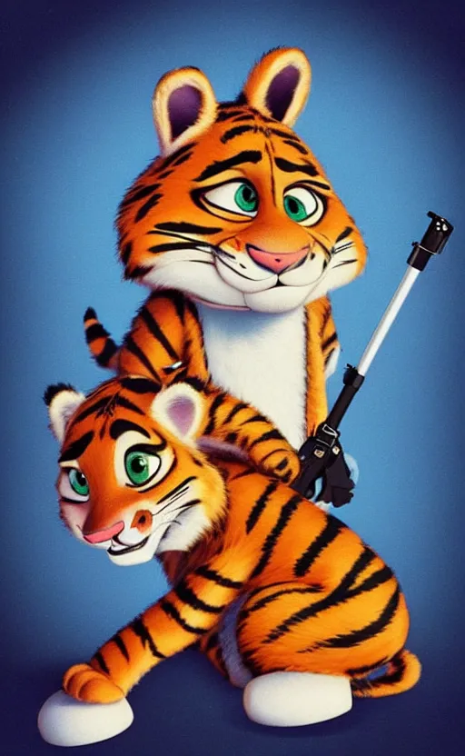 Image similar to “portrait of tiger in the style of the movie zootopia holding a laser gun, with a dark background behind him”