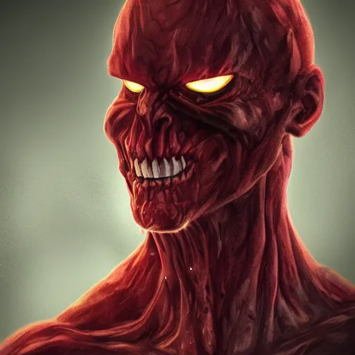 Prompt: portrait of an intimidating glowing scary giant, face and skin is dark red, glowing eyes, glowing veins of white, smoke coming from nose, hero, villain, concept art, centered