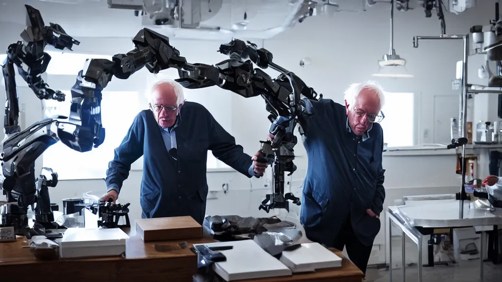 Image similar to bernie sanders putting the finishing touches on a small weaponized robot, cinematic moody lighting, smoky laboratory, sharp focus, imax