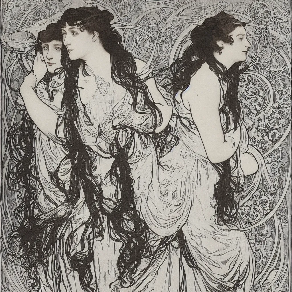 Prompt: monochromatic engraving by alphonse mucha and gustave klint