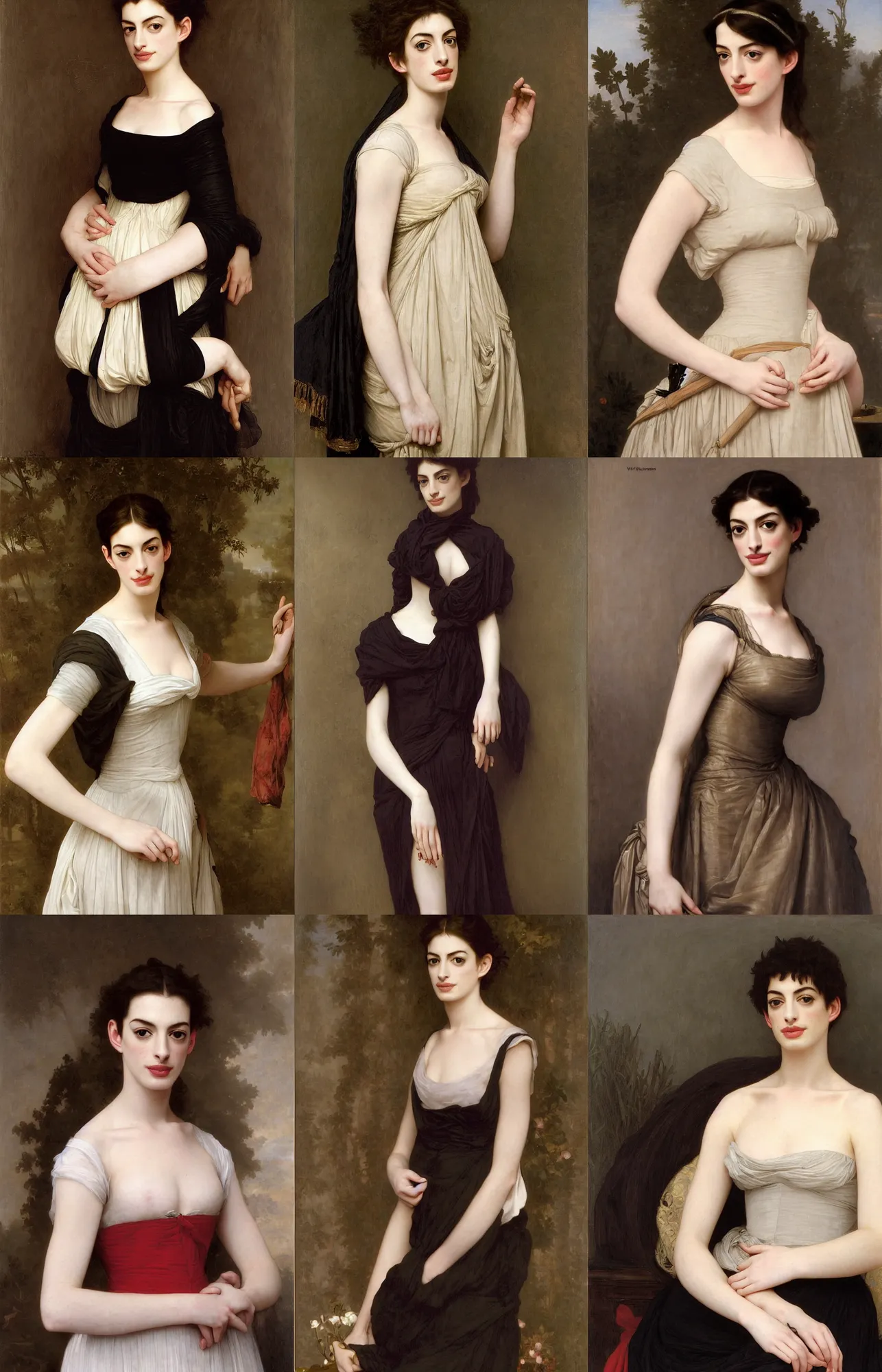 Prompt: portrait of anne hathaway with alexander mcqueen clothing by william bouguereau