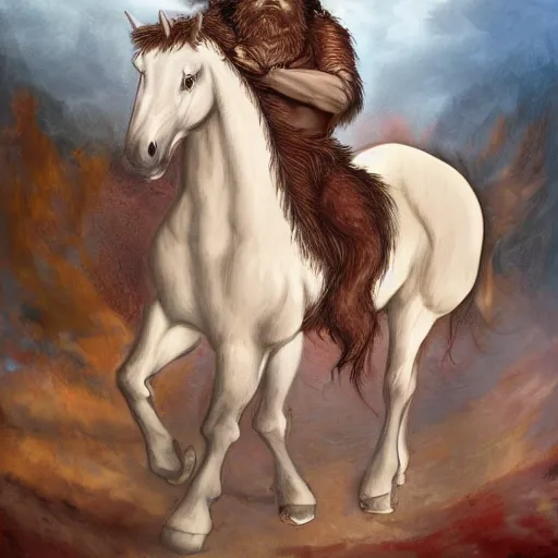 Prompt: a chimera of a man and a horse with a large red beard