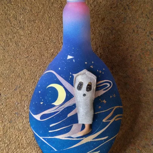 Prompt: Liminal space in outer space as puppets, sand art bottle