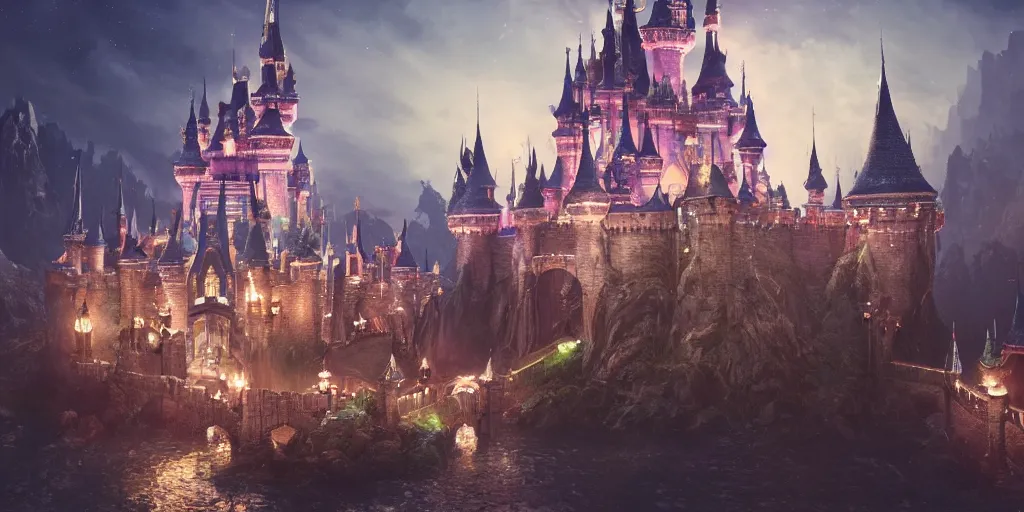 Image similar to a glittering fantasy castle at night with grand delicate walkways, extremely detailed oil painting, unreal 5 render, fantasy digital art, octane render, beautiful composition, trending on artstation, award-winning photograph, masterpiece