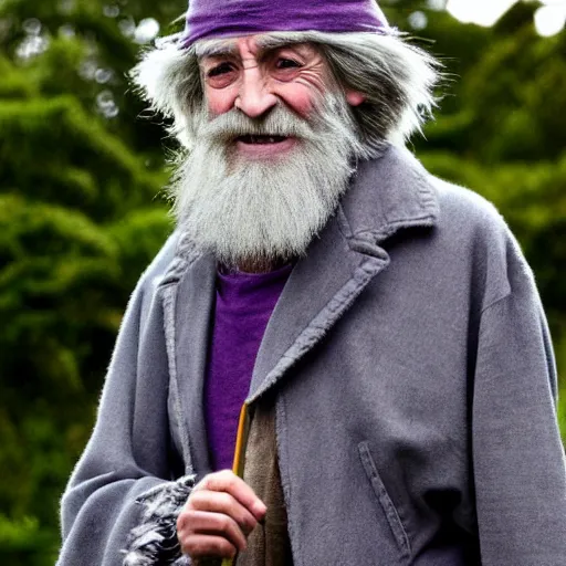 Image similar to emma watson as an old druid wizard, bushy grey eyebrows, long grey beard, disheveled, wise old man, wearing a grey wizard hat, wearing a purple detailed coat, a bushy grey beard, sorcerer, he is a mad old man, laughing and yelling