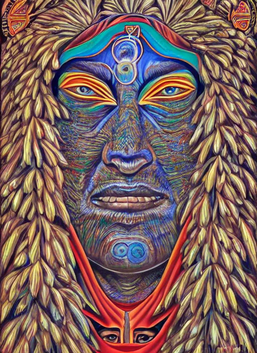 Image similar to faces of indigenous amazonian grandfathers and grandmothers spirits in the clouds, smiling, protection, benevolence, ancestors, detailed faces, symetrical, religious painting, art by alex gray