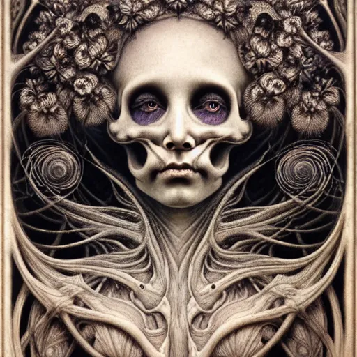 Image similar to detailed realistic beautiful calaveras death goddess face portrait by jean delville, gustave dore, iris van herpen and marco mazzoni, art forms of nature by ernst haeckel, art nouveau, symbolist, visionary, gothic, neo - gothic, pre - raphaelite, fractal lace, intricate alien botanical biodiversity, porcelain, hyperdetailed ultrasharp octane render