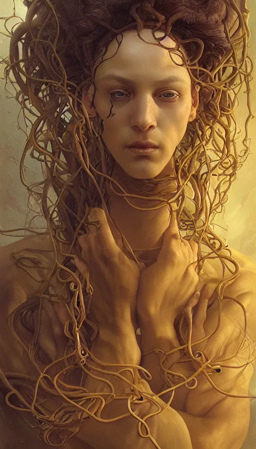 Prompt: epic masterpiece Medusa, drama, sweaty skin, hyperrealistic, octane render, cinematic, beautiful face and flawless skin, perfect hands, 5 fingers, yellow by Edgar Maxence and Ross Tran and Michael Whelan and Lorenzo Sperlonga, Brom, Legends of Runeterra