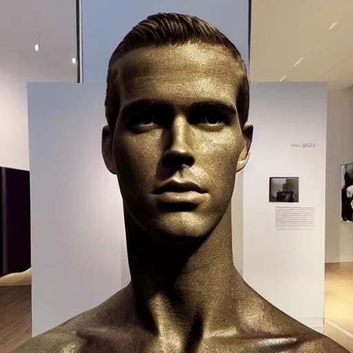 Image similar to “a realistic detailed photo of a guy who is an attractive humanoid who is half robot and half humanoid, who is a male android, actor Liam Hemsworth, shiny skin, posing like a statue, blank stare, at the museum, on display”