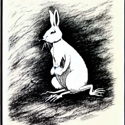 Image similar to a pen and ink drawing of a white rabbit smoking a cigarette while reclining in a deep dark tangled forest, a lingering smoke cloud, childrens book illustration, by edward gorey, by gustav dore