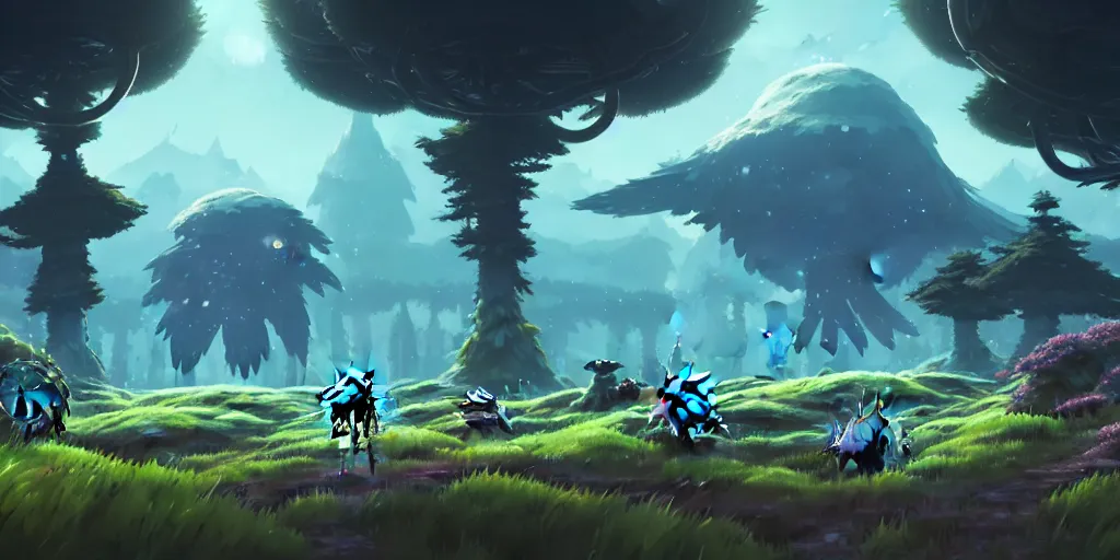Prompt: ori parallax mechanical environment : : gears, cogs, studio ghibli, breath of the wild, matte painting in the style of dan mumford, macro lens, shallow depth of field, highly detailed, digital painting, trending artstation, ghibli style, in gouache detailed paintings, props, stylized, 2 d sprites, kitbash, nature, organic,