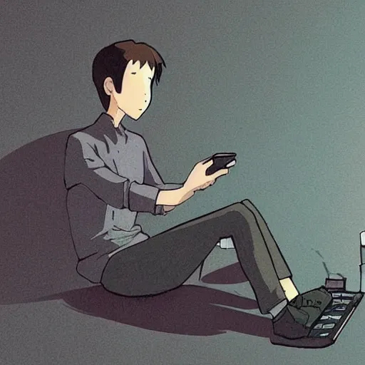 Image similar to a skinny computer nerd guy sitting on the floor of his room, crossed legs, laptop, smartphone, video games, tv, books, potions, jars, shelves, knick knacks, tranquil, star charts, calm, sparkles in the air, magic aesthetic, fantasy aesthetic, faded effect, by Studio Ghibli, howls moving house inspired, detailed, intricate,