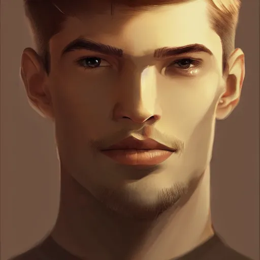 Image similar to tall chunky man in his twenties with brown blond short regular haircut and round facial structure with cleft chin, straight eyebrows, slightly smiling, cheekbones, straight nose, wider face, shadow of beard, atmospheric lighting, painted, intricate, 4 k, highly detailed by charlie bowater