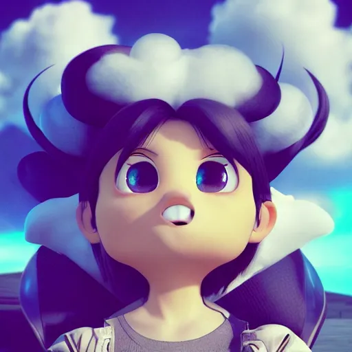 Image similar to super cute but angry cloud, portrait, face symmetry, centered, anime style, disney character style, octane render, symetrical portrait, 3 d, pixar, disney, epic lighting, cinematic composition, hyperrealistic, 8 k