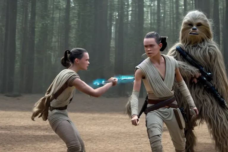 Image similar to Star Wars, Rey Skywalker trains Finn to be come a jedi after the events of the rise of skywalker ultra realistic, 4K, movie still, UHD, sharp, detailed, cinematic