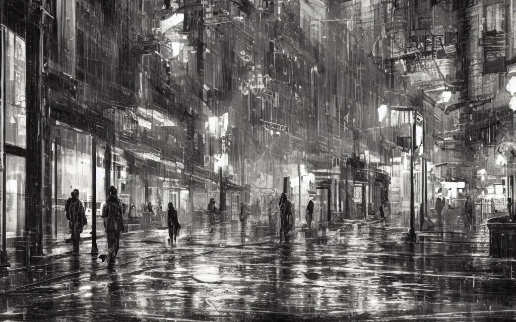 Prompt: concept art, wet helsinki street at night by roger deakins, in the style of syd mead and liam wong
