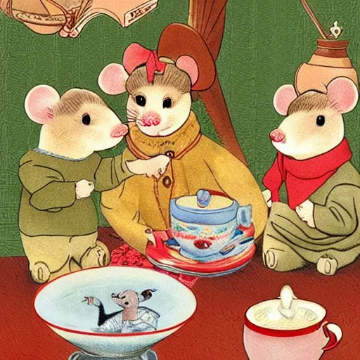 Image similar to russian mouse drinks tea from samovar with her little children, children book illustration