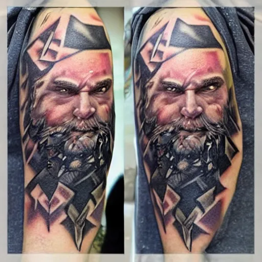 Prompt: old angry scarred whitebearded dwarf, wearing wolf pelt, runic geometry tattoos on face, character art, mtg