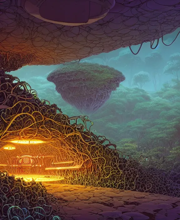 Image similar to a bunker made out of exotic fungus, overgrown with weird fungus and tendrils, spaceship, sci - fi, robots, noon, somber, partly cloudy, by dan mumford, yusuke murata, makoto shinkai, ross tran, cinematic, unreal engine, cel shaded, featured on artstation, pixiv