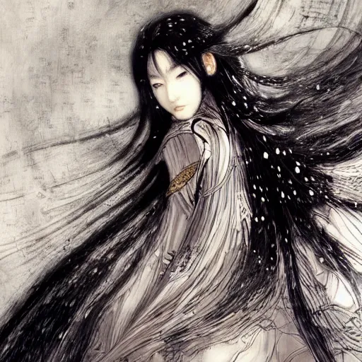 Image similar to yoshitaka amano blurred and dreamy realistic illustration of a japanese woman with black eyes, wavy white hair fluttering in the wind wearing elden ring armor with engraving, abstract patterns in the background, satoshi kon anime, noisy film grain effect, highly detailed, renaissance oil painting, weird portrait angle, blurred lost edges, three quarter view