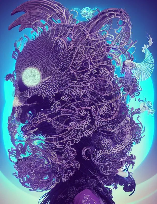 Image similar to 3 d goddess close - up profile solarpunk portrait ram skull. beautiful intricately detailed japanese crow kitsune mask and clasical japanese kimono. betta fish, jellyfish phoenix, bio luminescent, plasma, ice, water, wind, creature, artwork by tooth wu and wlop and beeple and greg rutkowski