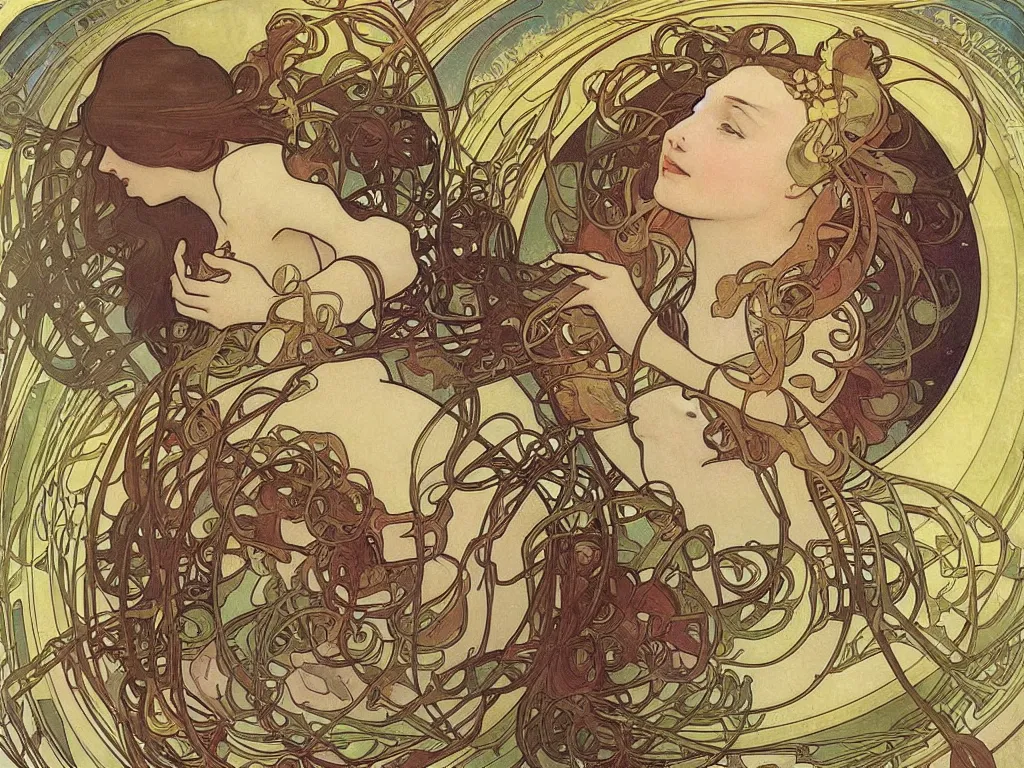 Prompt: The Universe is a spheroid region 705 meters in diameter, by Alphonse Mucha and John William Waterhouse