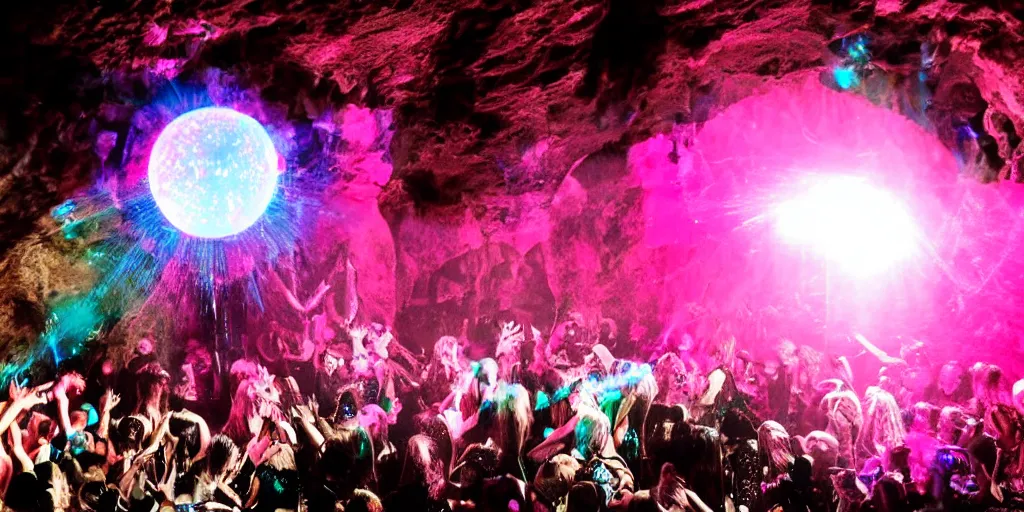 Image similar to goth disco in a cave with pink lasers and blue crystals forming a sphere of knives